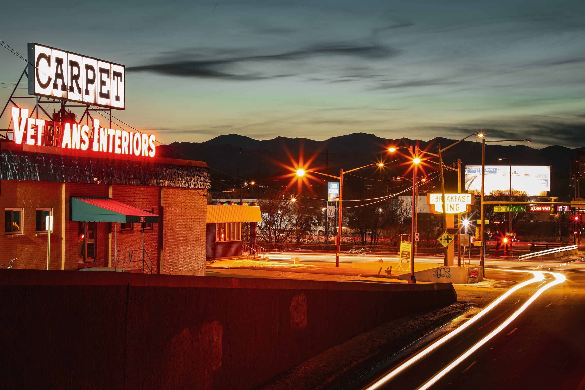Architecture - night neon signs and light trails