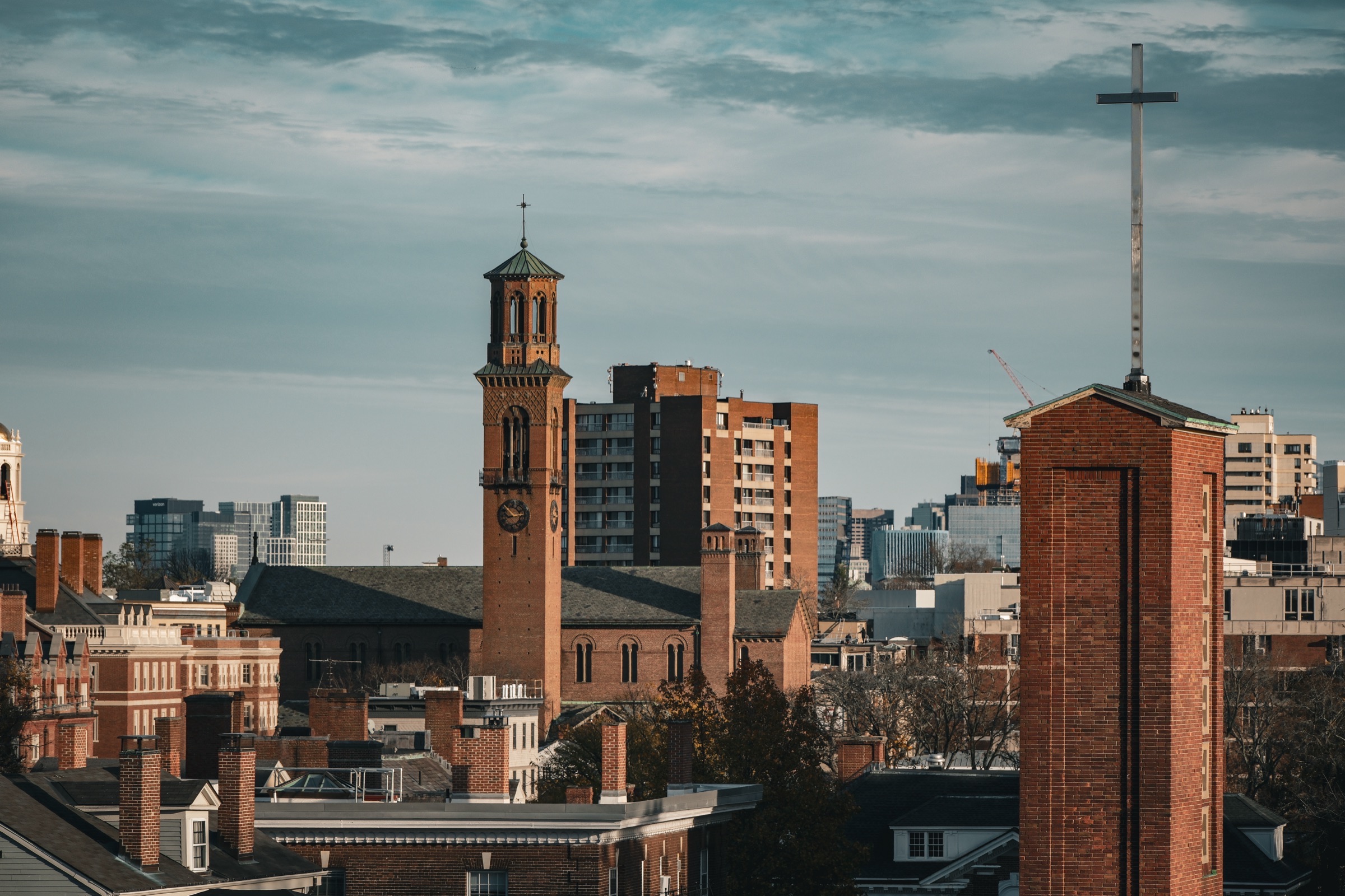 Architecture - Boston Cambridge skyline with church steeple and clock tower